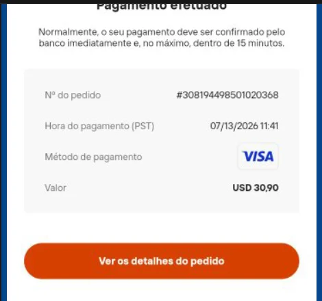 Comprovativo de pagamento internacional de USD 30,90 com cartão Visa