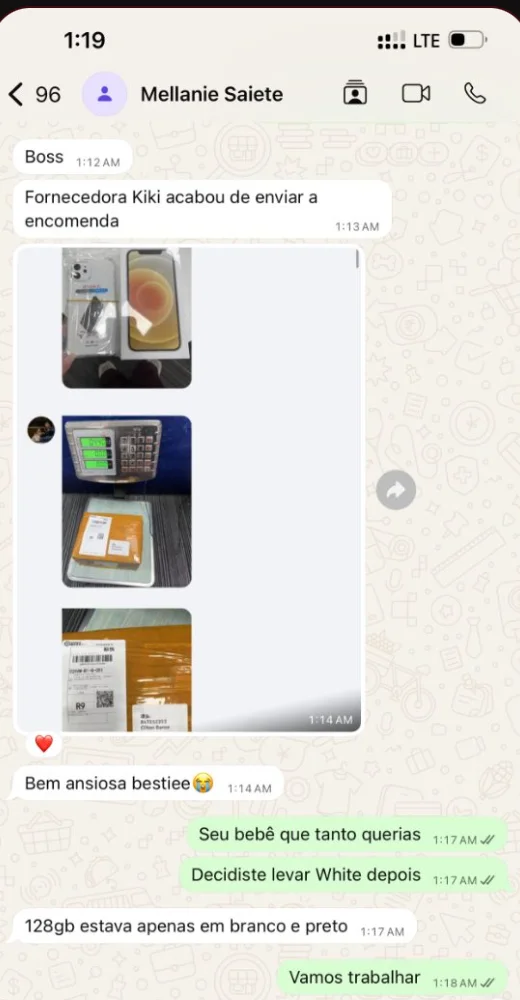 Conversa no WhatsApp com fornecedora a confirmar o envio da encomenda de iPhones